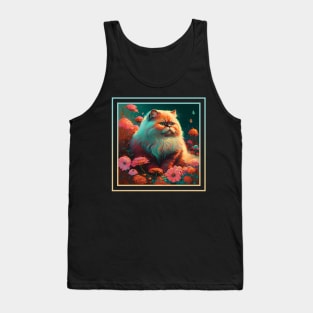 Sassy Persian Cat Vibrant Tropical Flower Neon Digital Oil Painting Pet Portrait Tank Top